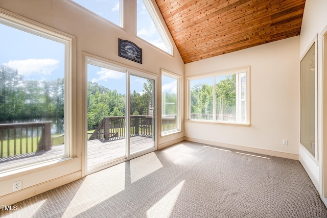 3313 Overhead Ct, Willow Springs, NC 27592 - unfurnished sunroom with carpet floors, wood ceiling, and high vaulted ceiling