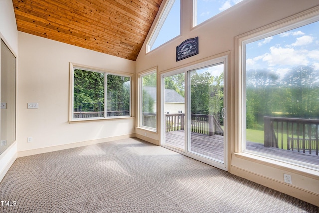 3313 Overhead Ct, Willow Springs, NC 27592 - unfurnished sunroom featuring wood ceiling, carpet flooring, and high vaulted ceiling