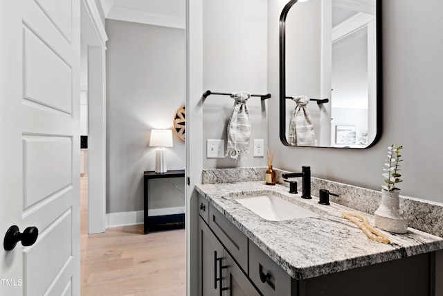 bathroom with wood-type flooring and vanity