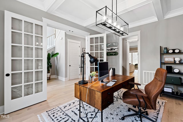 office featuring coffered ceiling, light hardwood / wood-style floors, beam ceiling, and a notable chandelier