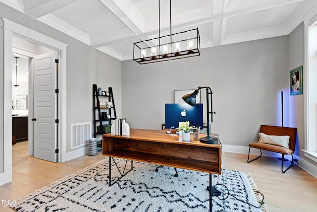 office with coffered ceiling, light hardwood / wood-style floors, beam ceiling, and a notable chandelier