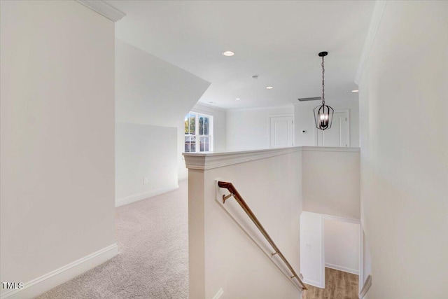 46 Otter Hole Dr, Kenly, NC 27542 - hall with baseboards, light carpet, recessed lighting, and an upstairs landing