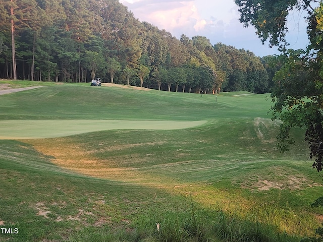 view of property's community with view of golf course and a yard