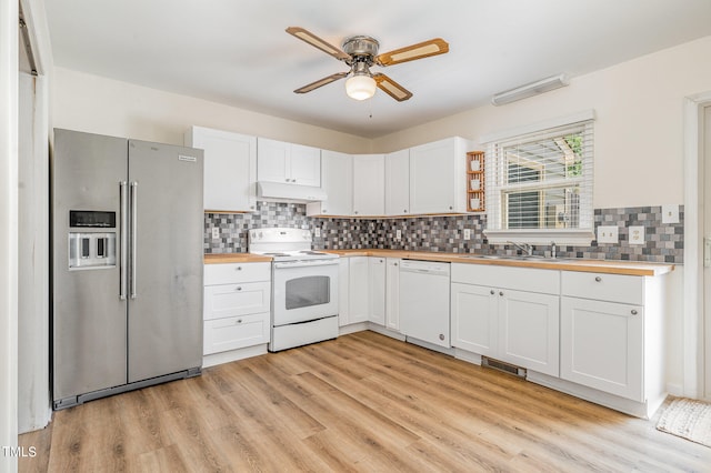 kitchen with light hardwood / wood-style flooring, white appliances, white cabinetry, and ceiling fan