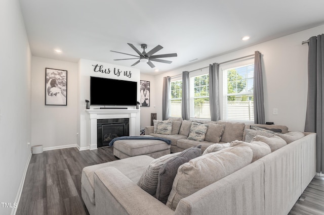 living room featuring ceiling fan and hardwood / wood-style floors