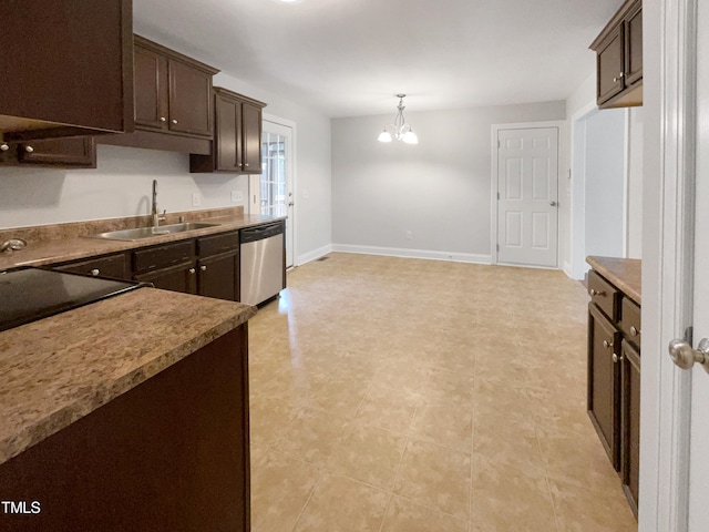 kitchen featuring hanging light fixtures, light tile patterned floors, dishwasher, sink, and dark brown cabinetry