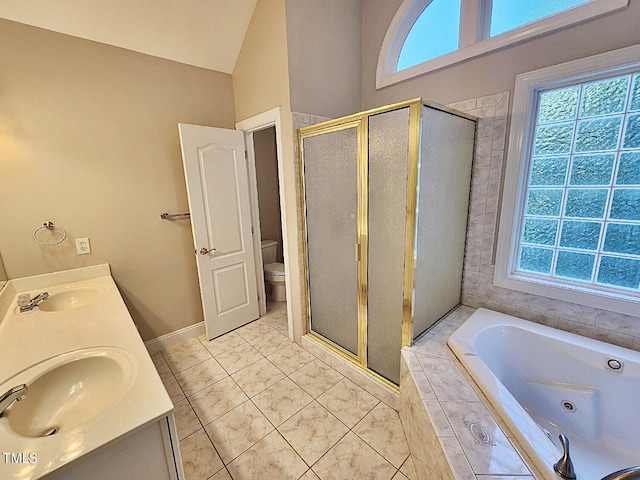 full bathroom featuring plus walk in shower, toilet, and plenty of natural light