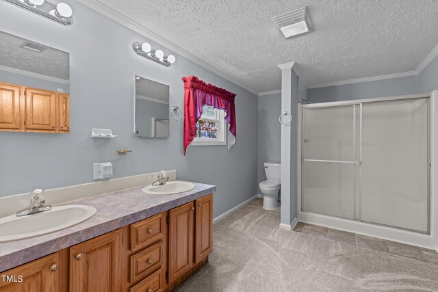 bathroom with walk in shower, toilet, a textured ceiling, and vanity