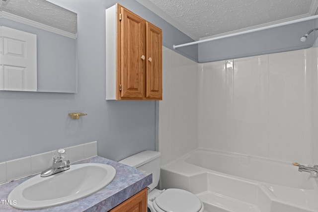 full bathroom featuring vanity, toilet, shower / washtub combination, and a textured ceiling