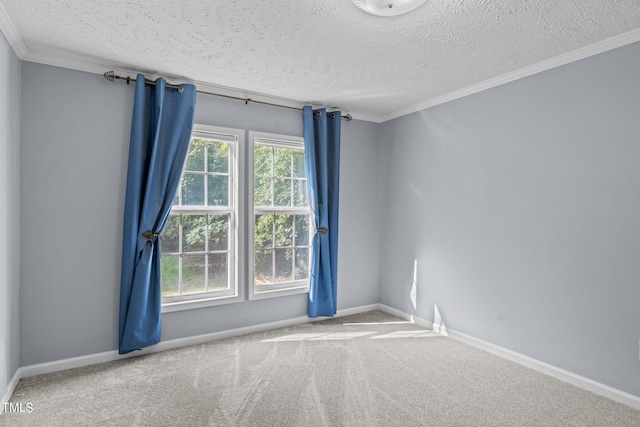 carpeted spare room with crown molding, a textured ceiling, and plenty of natural light