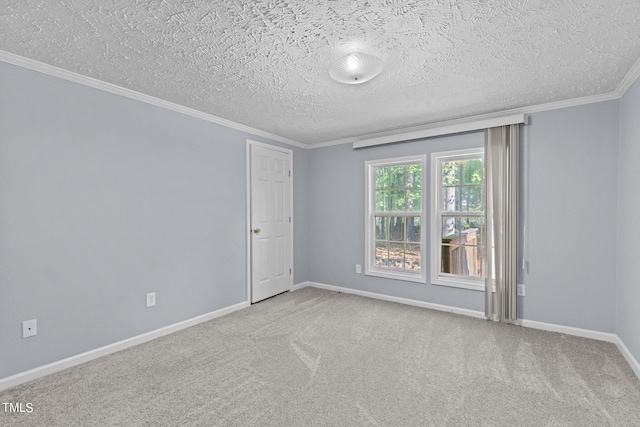 carpeted empty room with crown molding and a textured ceiling