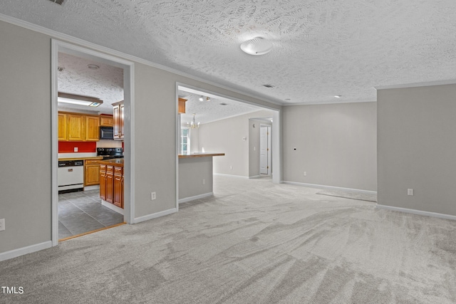 unfurnished living room featuring crown molding, light carpet, and a textured ceiling