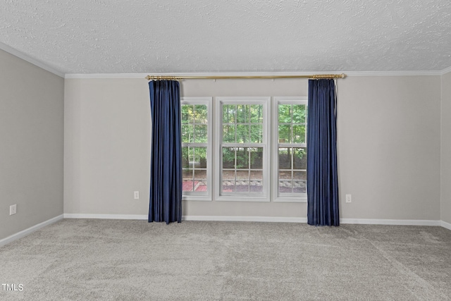 carpeted empty room featuring crown molding and a textured ceiling