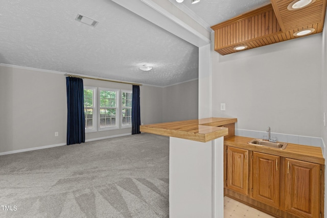 kitchen with crown molding, kitchen peninsula, sink, and light colored carpet