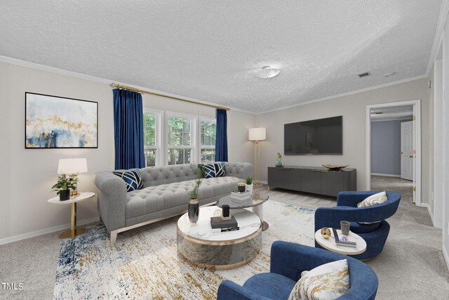 living room featuring ornamental molding, a textured ceiling, and carpet floors