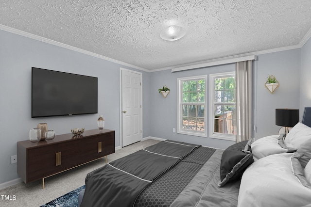 bedroom with ornamental molding and a textured ceiling