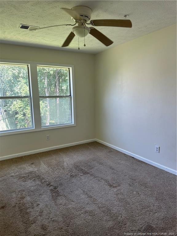 carpeted spare room with ceiling fan, a textured ceiling, and a healthy amount of sunlight