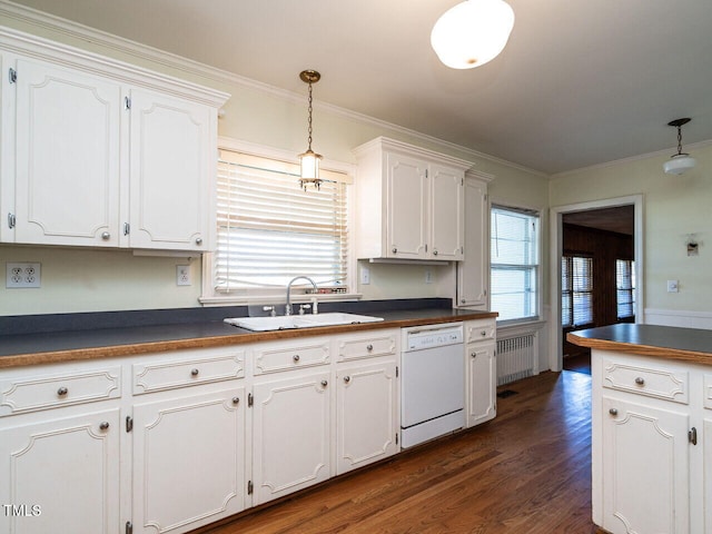 kitchen with dishwasher, white cabinets, and pendant lighting