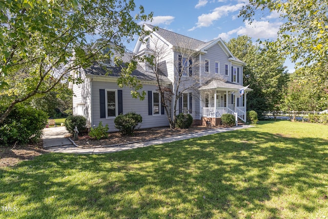 view of front of property with covered porch and a front yard