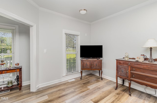 interior space with light hardwood / wood-style floors and ornamental molding