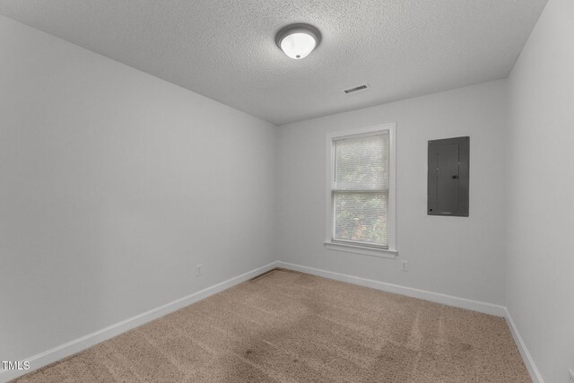 spare room with carpet flooring, a textured ceiling, and electric panel