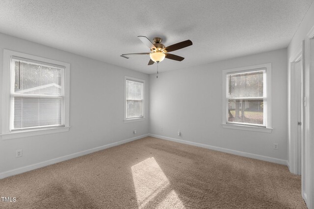 carpeted spare room featuring ceiling fan and a textured ceiling