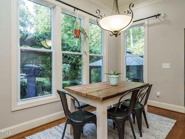 dining area with plenty of natural light, ornamental molding, and dark hardwood / wood-style floors