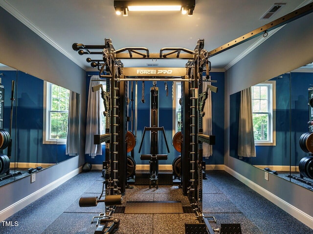 exercise area featuring crown molding