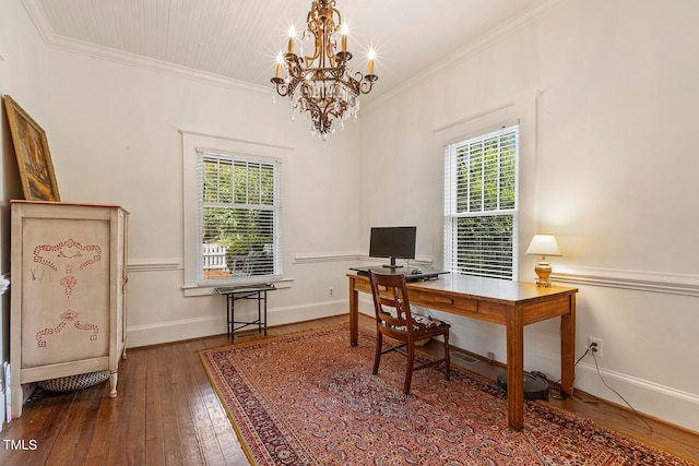 office area featuring crown molding, hardwood / wood-style floors, and a chandelier