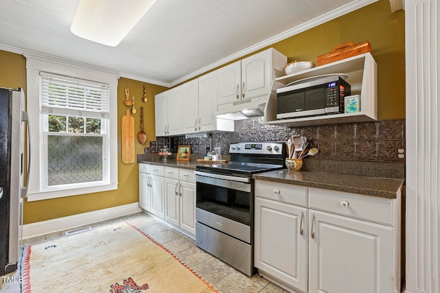 kitchen featuring decorative backsplash, white cabinets, light tile patterned floors, stainless steel appliances, and crown molding