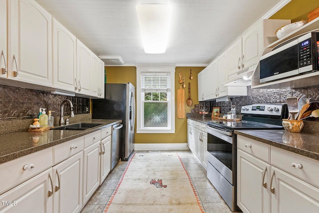 kitchen with tasteful backsplash, sink, stainless steel appliances, and white cabinets