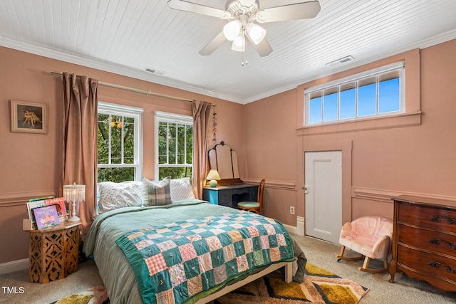 bedroom featuring wooden ceiling, carpet, crown molding, and ceiling fan