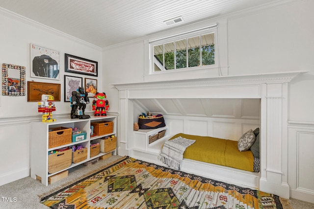 interior space with carpet flooring and ornamental molding