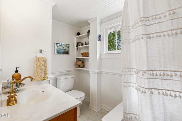 bathroom with ornamental molding, vanity, toilet, and wooden ceiling