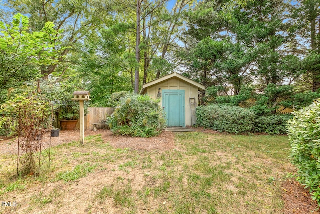 view of yard featuring a storage unit