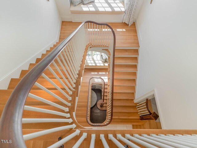 staircase with hardwood / wood-style flooring and a high ceiling