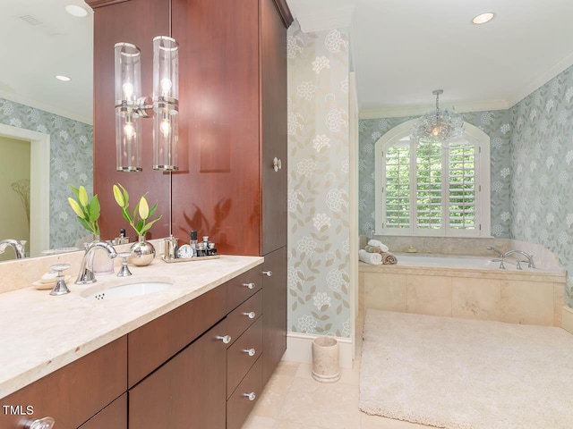 bathroom with a bath, crown molding, wallpapered walls, tile patterned floors, and vanity