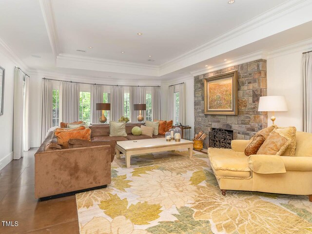 living room with a raised ceiling, ornamental molding, and a stone fireplace