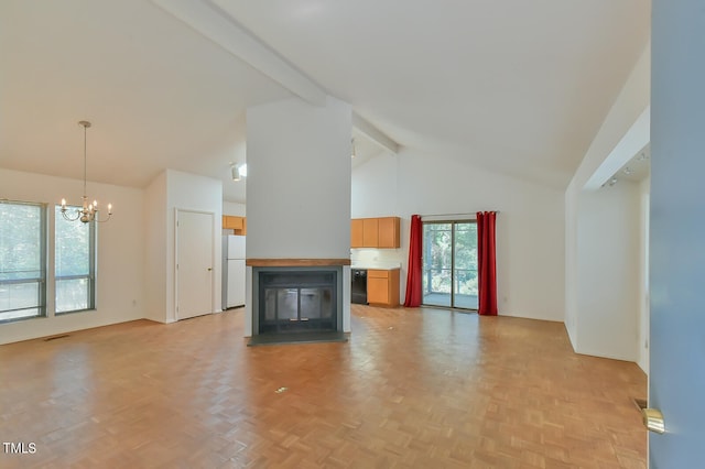 unfurnished living room with high vaulted ceiling, beamed ceiling, parquet flooring, and a chandelier