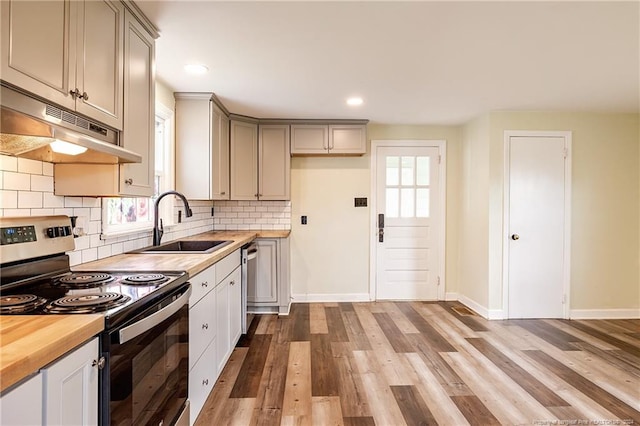 kitchen featuring tasteful backsplash, appliances with stainless steel finishes, wood finished floors, under cabinet range hood, and a sink