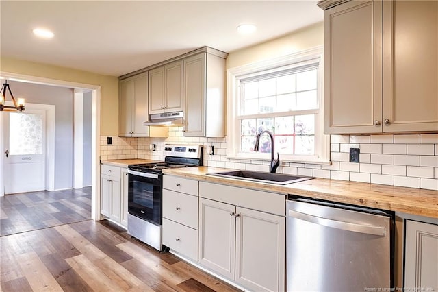 kitchen featuring wood counters, wood finished floors, stainless steel appliances, under cabinet range hood, and a sink