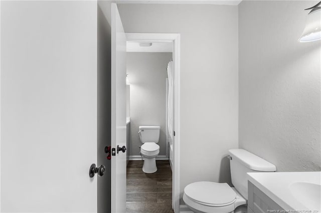 bathroom featuring a shower with shower curtain, vanity, toilet, and wood-type flooring