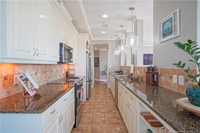 kitchen featuring stainless steel appliances, dark stone countertops, light tile patterned floors, and tasteful backsplash