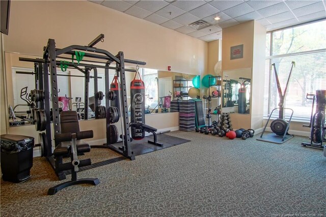 exercise room featuring a paneled ceiling, carpet, and a towering ceiling