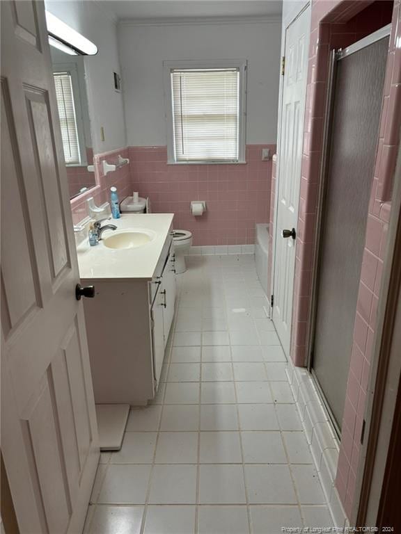 full bathroom featuring toilet, plus walk in shower, tile patterned flooring, vanity, and a wealth of natural light