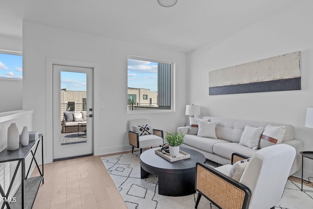 living room featuring light hardwood / wood-style floors and a wealth of natural light