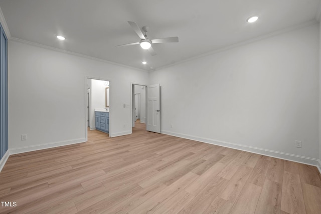 unfurnished bedroom featuring crown molding, ceiling fan, light wood-type flooring, and ensuite bath