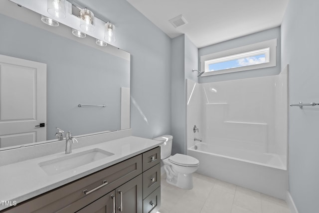 full bathroom featuring tile patterned flooring, toilet, vanity, visible vents, and shower / bathing tub combination