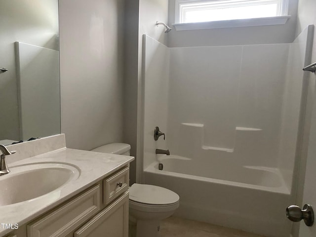 full bathroom with shower / bathtub combination, toilet, and vanity