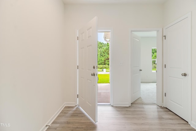 entrance foyer featuring light wood-type flooring, plenty of natural light, and baseboards